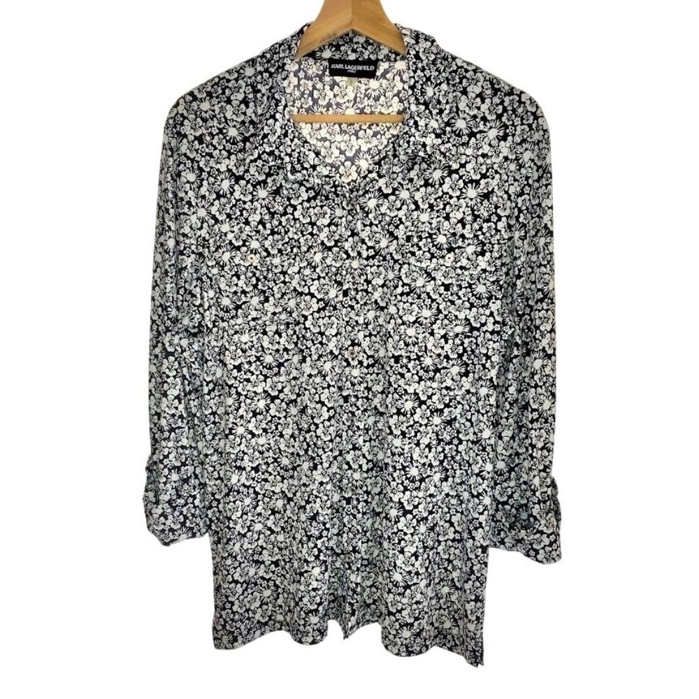 Karl Lagerfeld Paris Floral Blouse Black White Button Front Lg